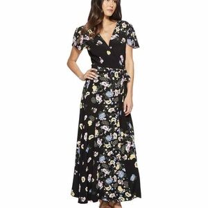 Free People Floral Tie Waist “Gorgeous Jess Wrap Dress” in Black Combo